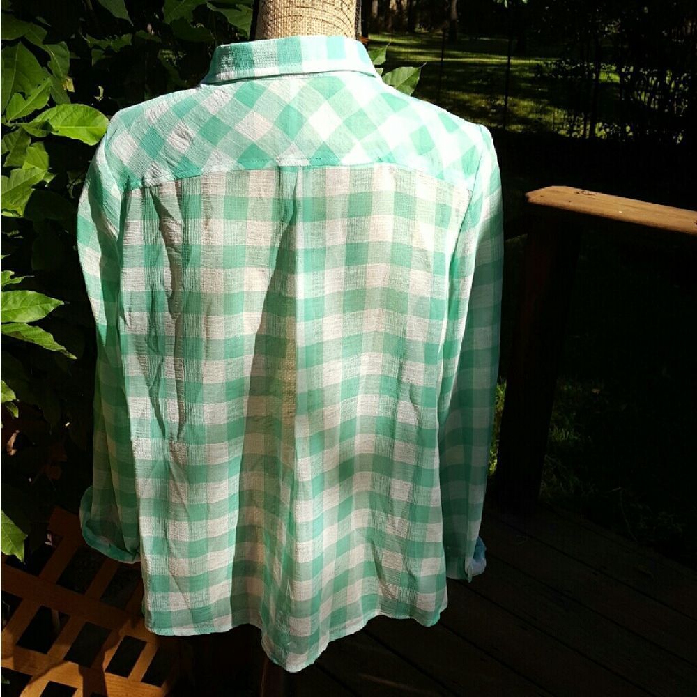 Free People Spring Green Check Crop Button Down Top - Picture 2 of 6